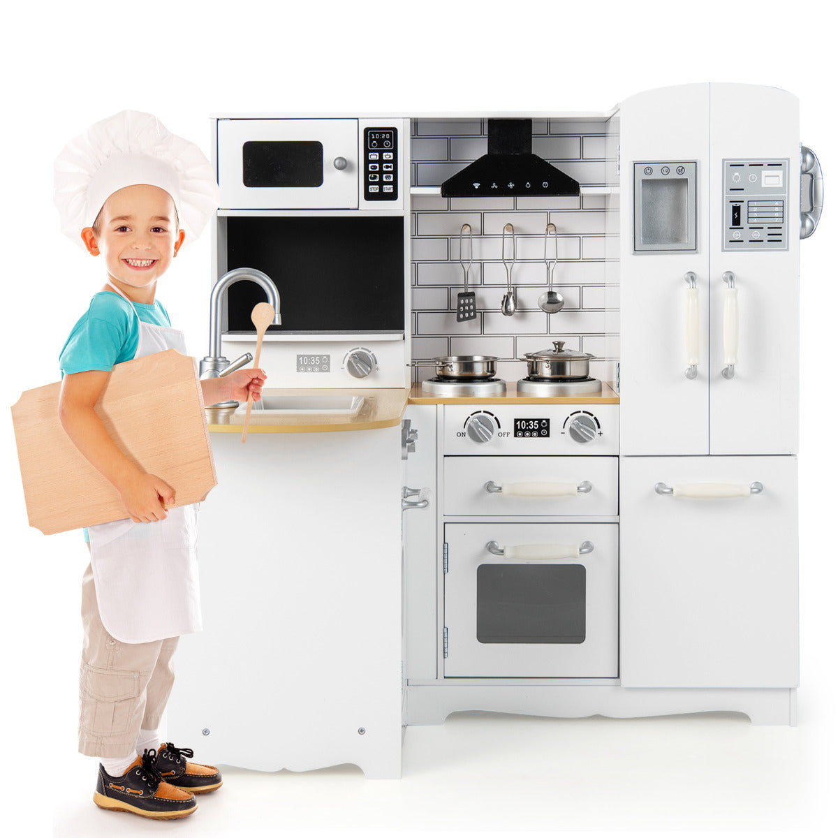 LIVSK Hoekkeuken Speelset voor Kinderen - Realistische Kookervaring - Inclusief Wasmachine en Telefoon - L-vormig Design - Wit