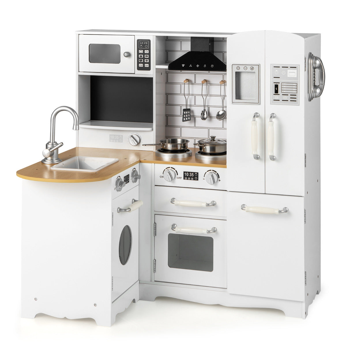 LIVSK Hoekkeuken Speelset voor Kinderen - Realistische Kookervaring - Inclusief Wasmachine en Telefoon - L-vormig Design - Wit