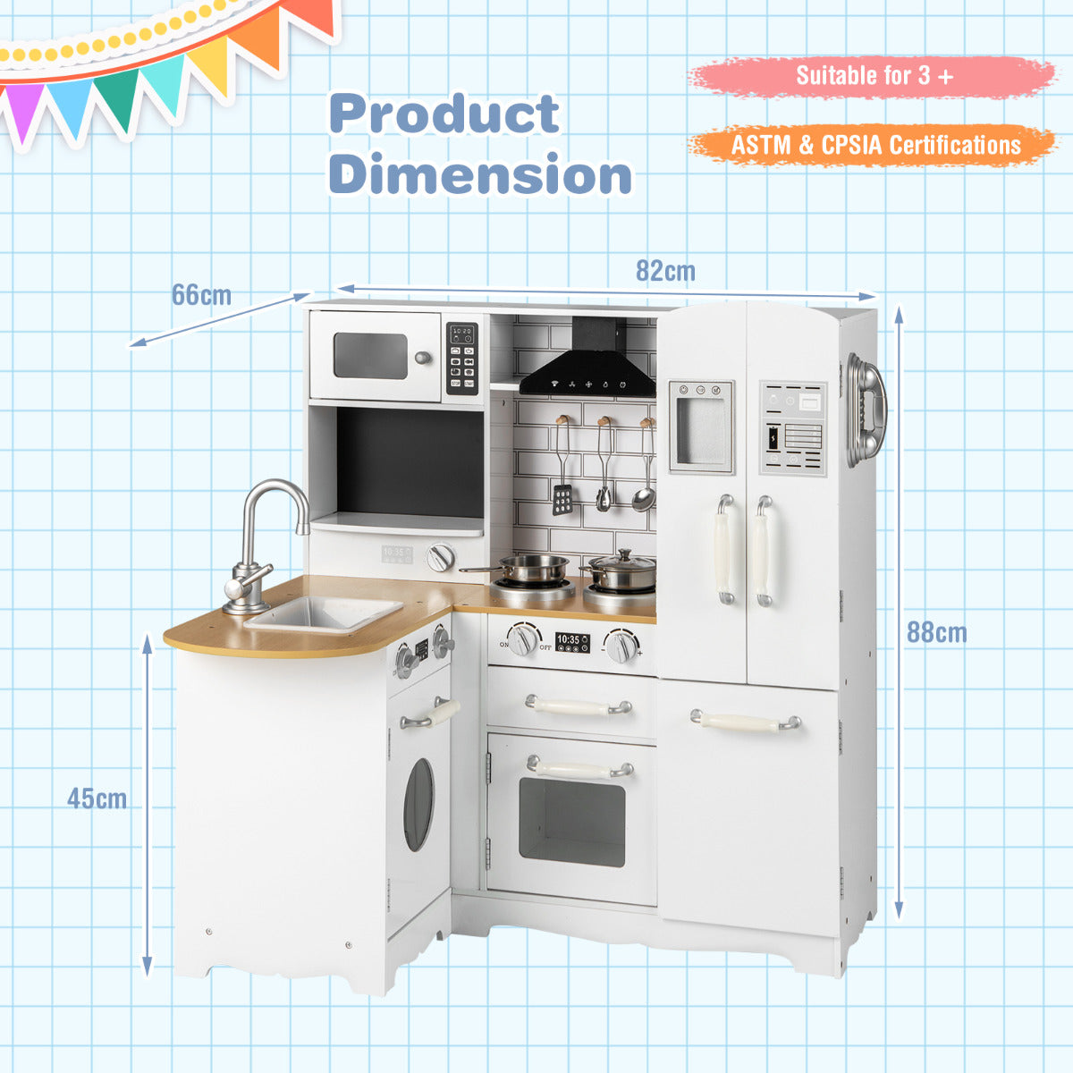 LIVSK Hoekkeuken Speelset voor Kinderen - Realistische Kookervaring - Inclusief Wasmachine en Telefoon - L-vormig Design - Wit