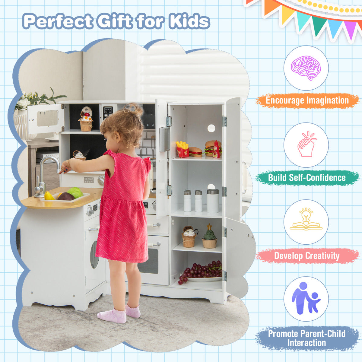 LIVSK Hoekkeuken Speelset voor Kinderen - Realistische Kookervaring - Inclusief Wasmachine en Telefoon - L-vormig Design - Wit