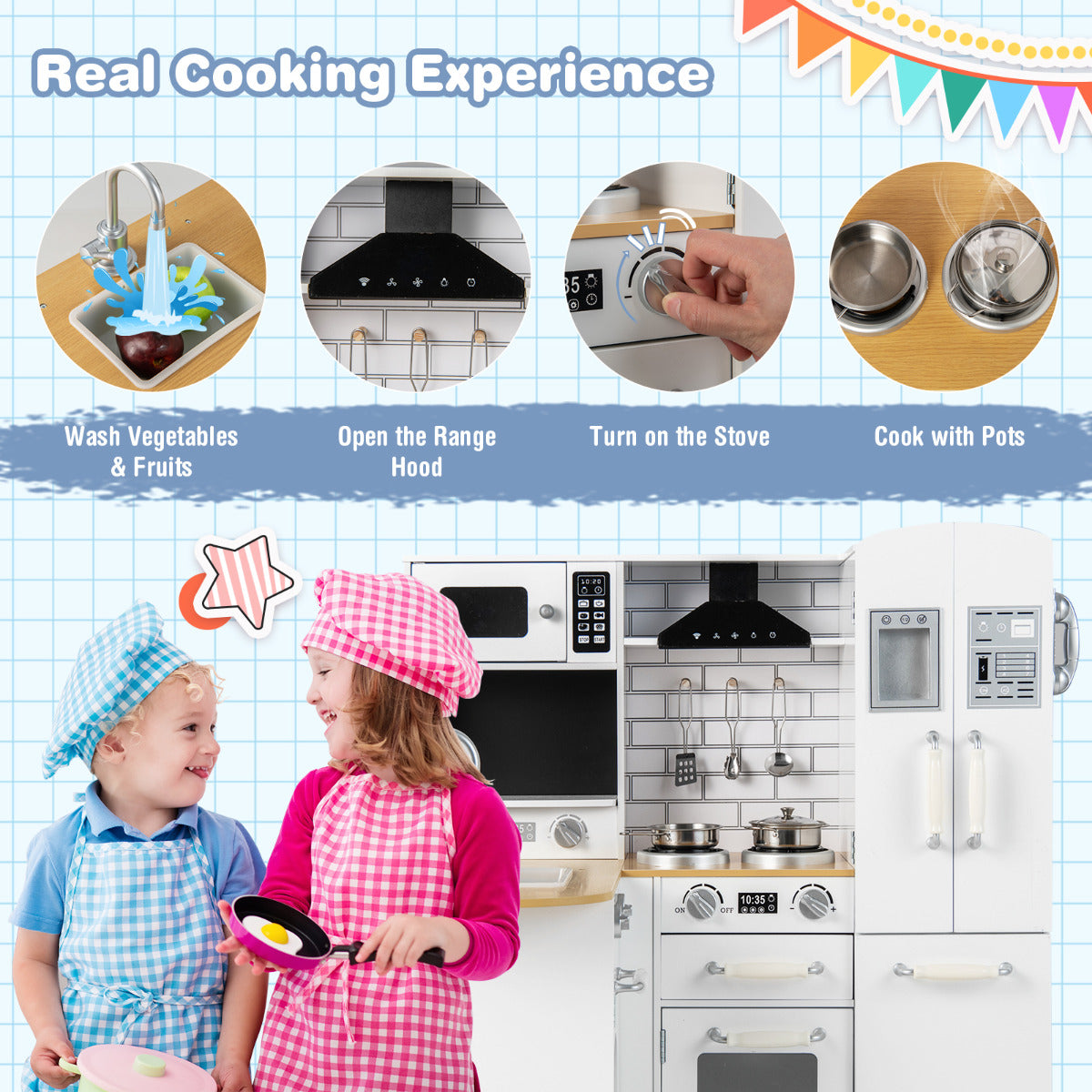 LIVSK Hoekkeuken Speelset voor Kinderen - Realistische Kookervaring - Inclusief Wasmachine en Telefoon - L-vormig Design - Wit