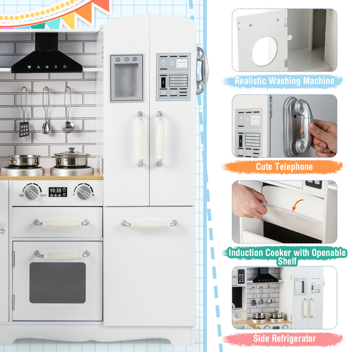 LIVSK Hoekkeuken Speelset voor Kinderen - Realistische Kookervaring - Inclusief Wasmachine en Telefoon - L-vormig Design - Wit