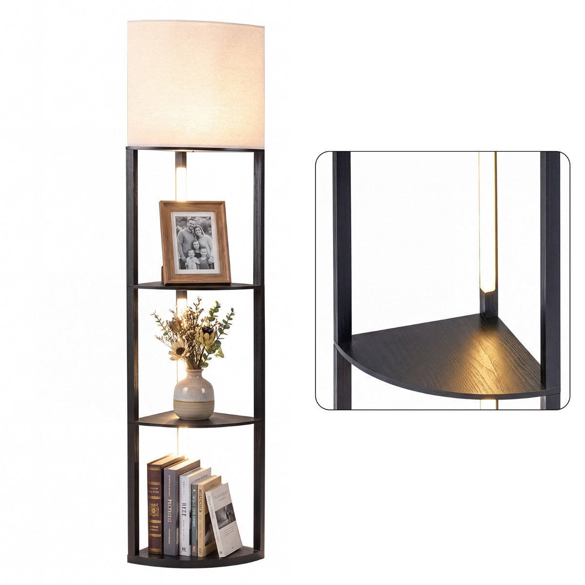 Livsk costway hoekstaande lamp met planken displayplank met 3 niveaus met dimbare ledverlichting linnen lampenkap en voetschakelaar