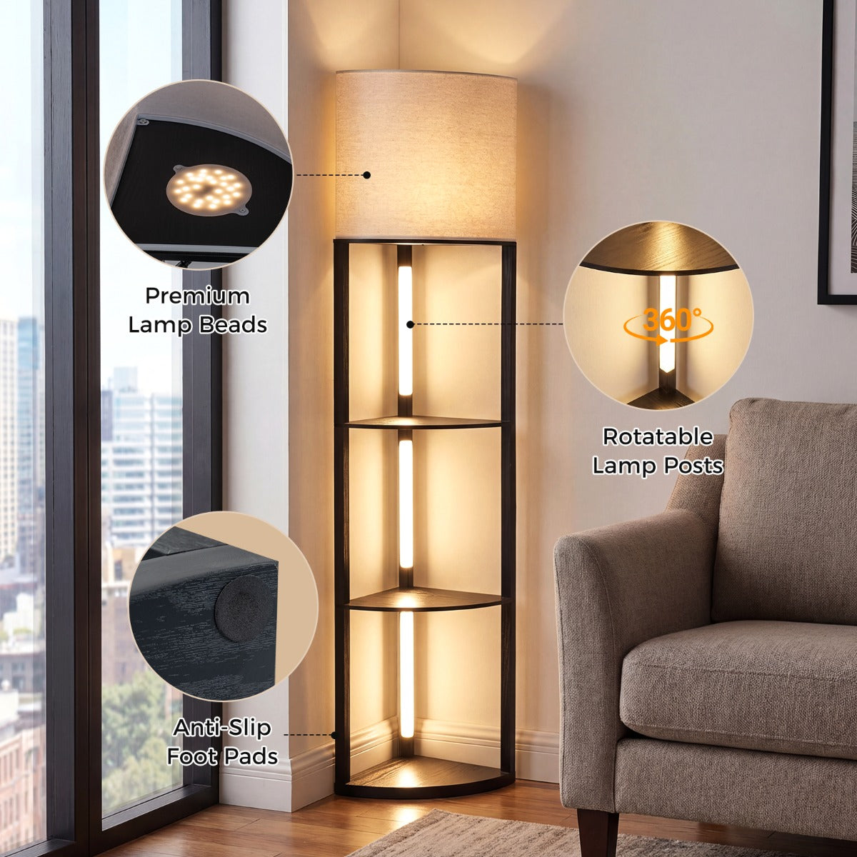 Livsk costway hoekstaande lamp met planken displayplank met 3 niveaus met dimbare ledverlichting linnen lampenkap en voetschakelaar
