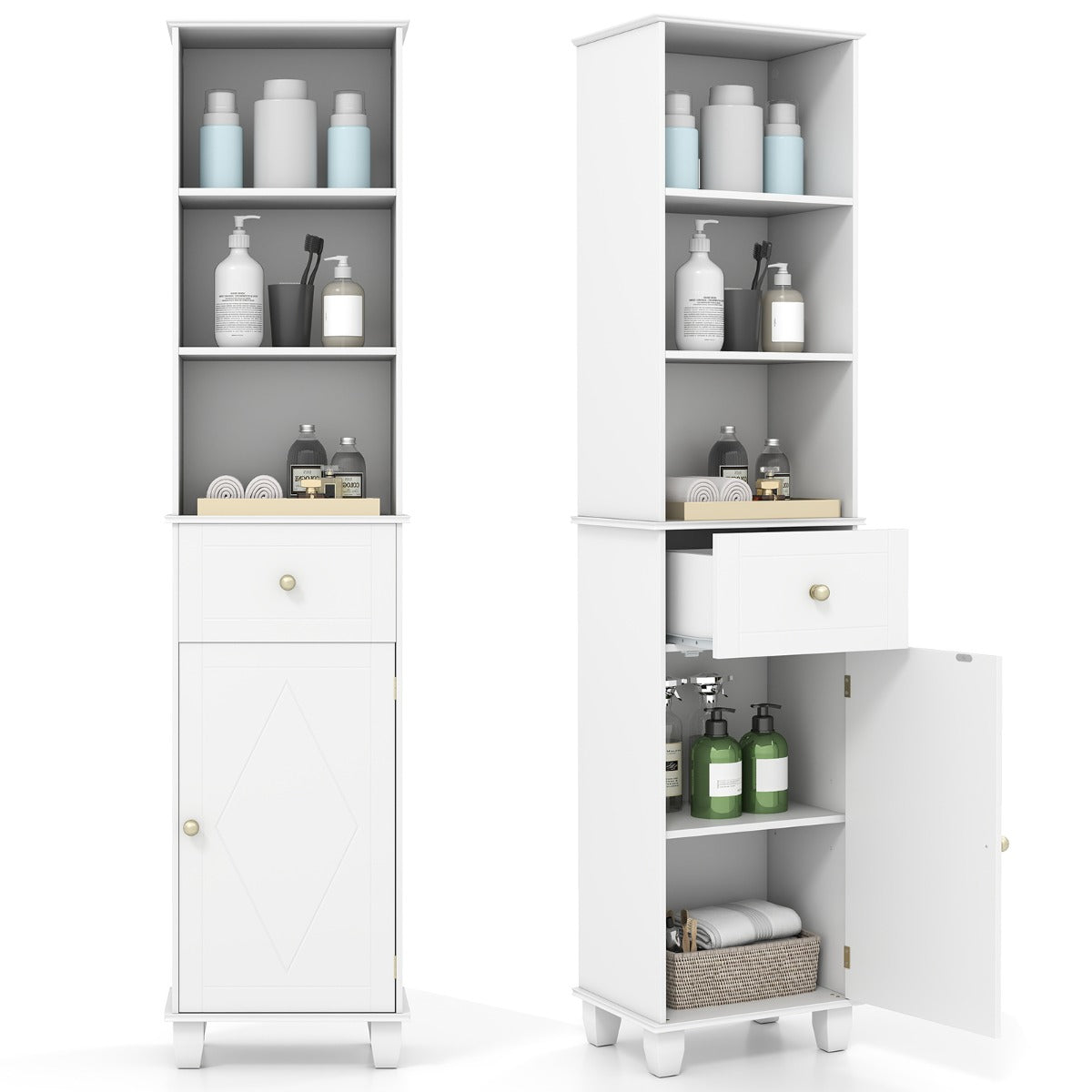 Livsk costway hoge badkamerkast 172 cm smalle staande kast met 3 open planken opbergmeubel wit