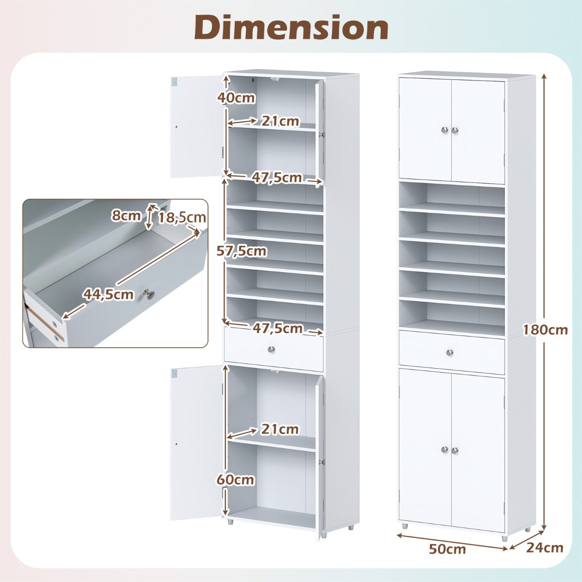 Livsk costway hoge badkamerkast met lade 180 cm linnenkast organizer met deuren en verstelbare planken 1 1