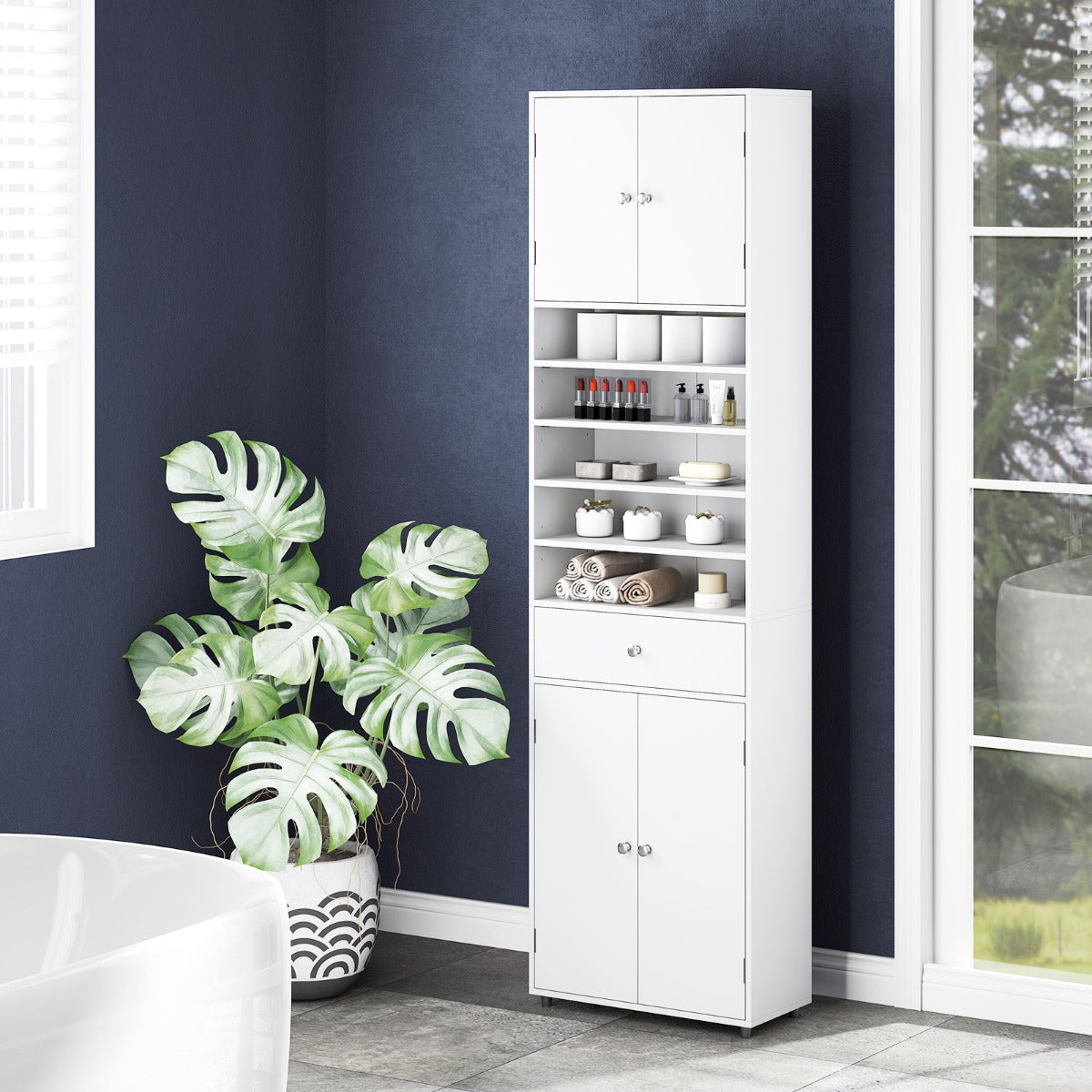 Livsk costway hoge badkamerkast met lade 180 cm linnenkast organizer met deuren en verstelbare planken 5
