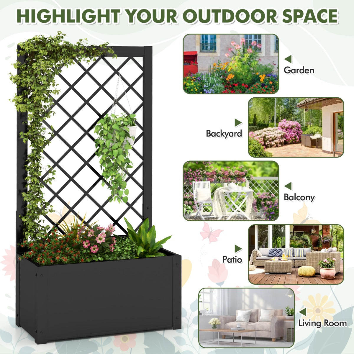 LIVSK Verhoogd Metalen Plantenbed met Klimrek - Diepe Plantenbak - Geschikt voor Groenten en Klimplanten - 63 x 31 x 112 cm -