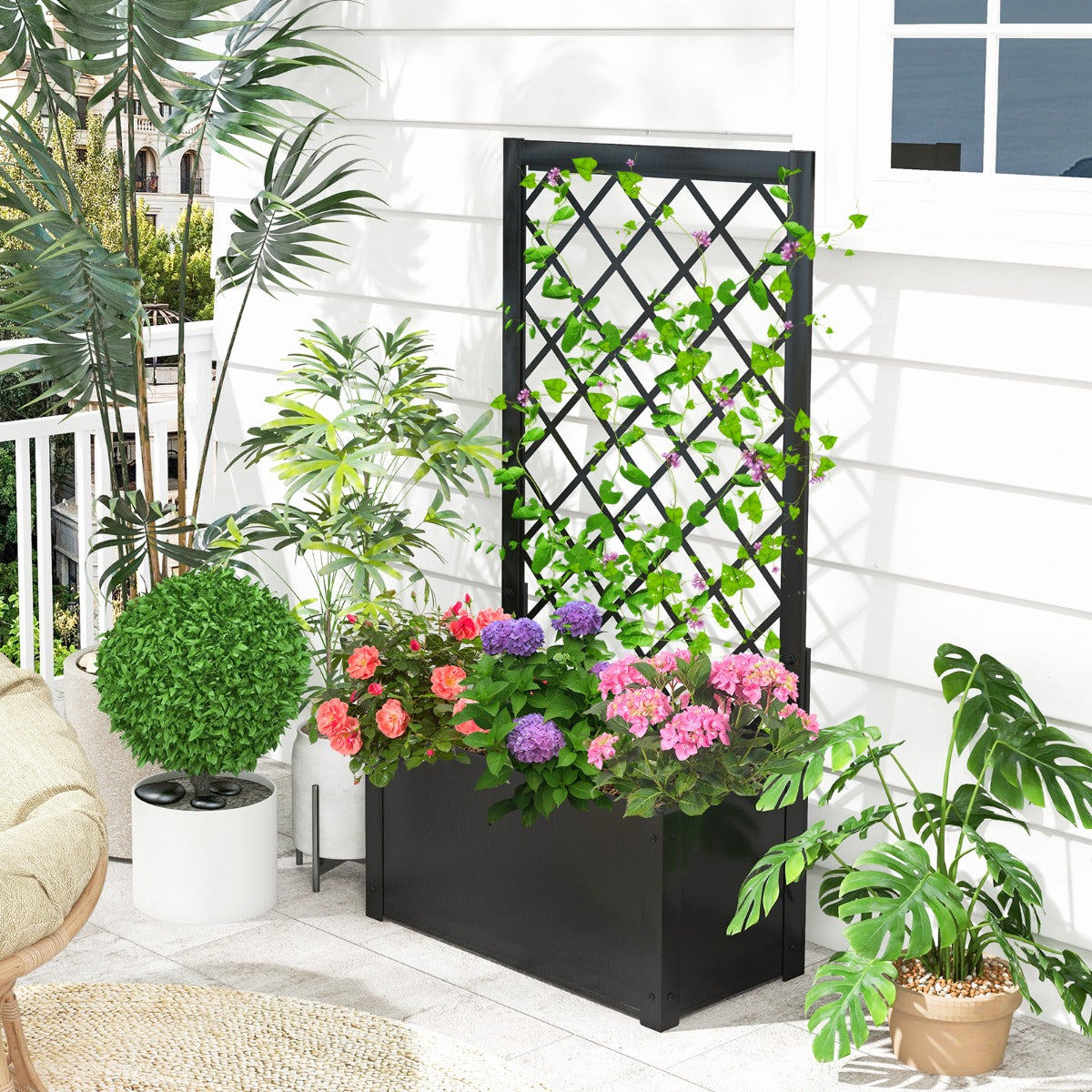 LIVSK Verhoogd Metalen Plantenbed met Klimrek - Diepe Plantenbak - Geschikt voor Groenten en Klimplanten - 63 x 31 x 112 cm -