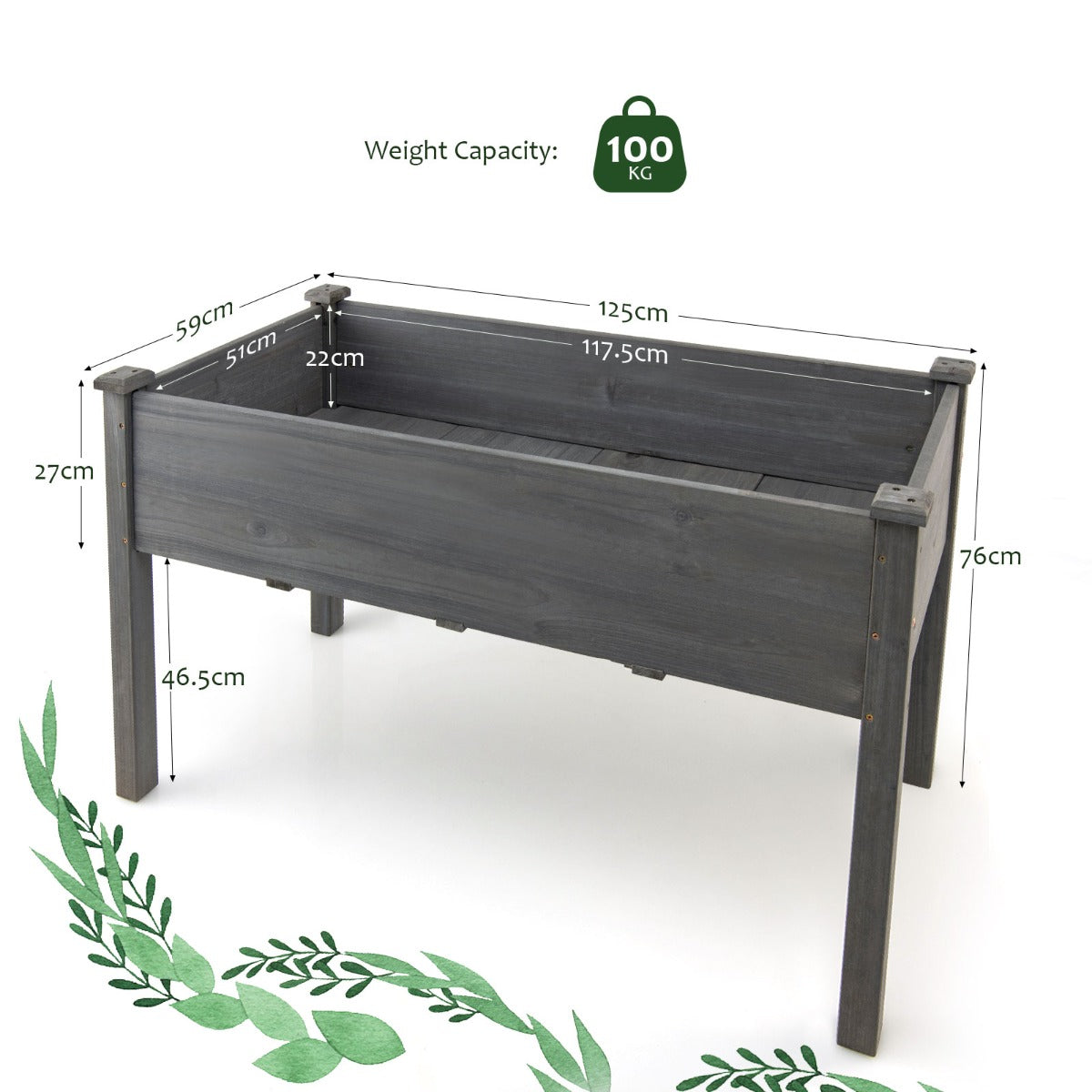 LIVSK Verhoogd Plantenbed - Sparrenhout - Optimale Groeiomstandigheden met Drainagegaten - 125 x 59 x 76 cm - Grijs