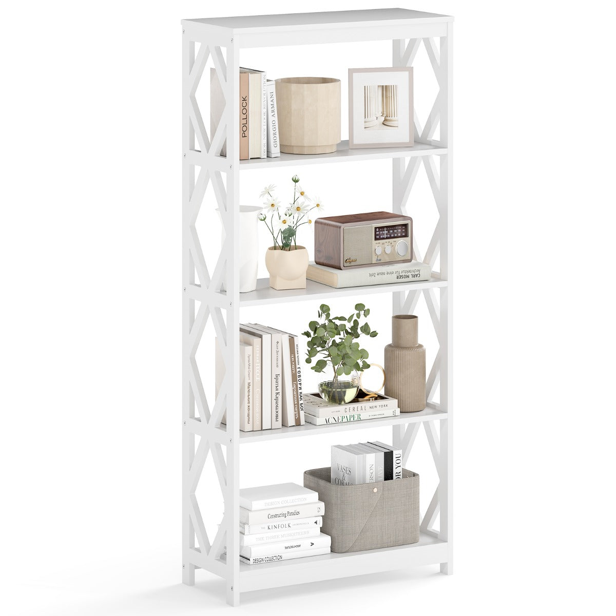 Livsk costway hoge boekenkast met 5 planken open houten boekenkast met ruitvormige structuur opbergrek voor tentoonstellingen