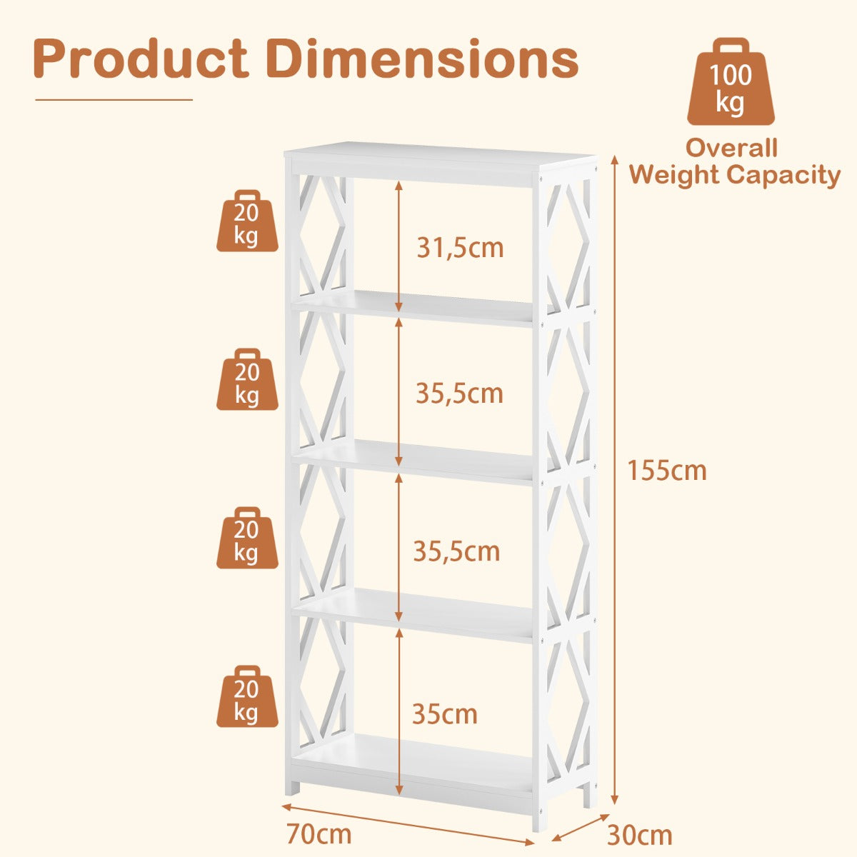 Livsk costway hoge boekenkast met 5 planken open houten boekenkast met ruitvormige structuur opbergrek voor tentoonstellingen 2