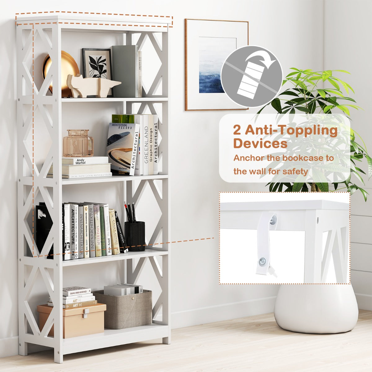 Livsk costway hoge boekenkast met 5 planken open houten boekenkast met ruitvormige structuur opbergrek voor tentoonstellingen 4