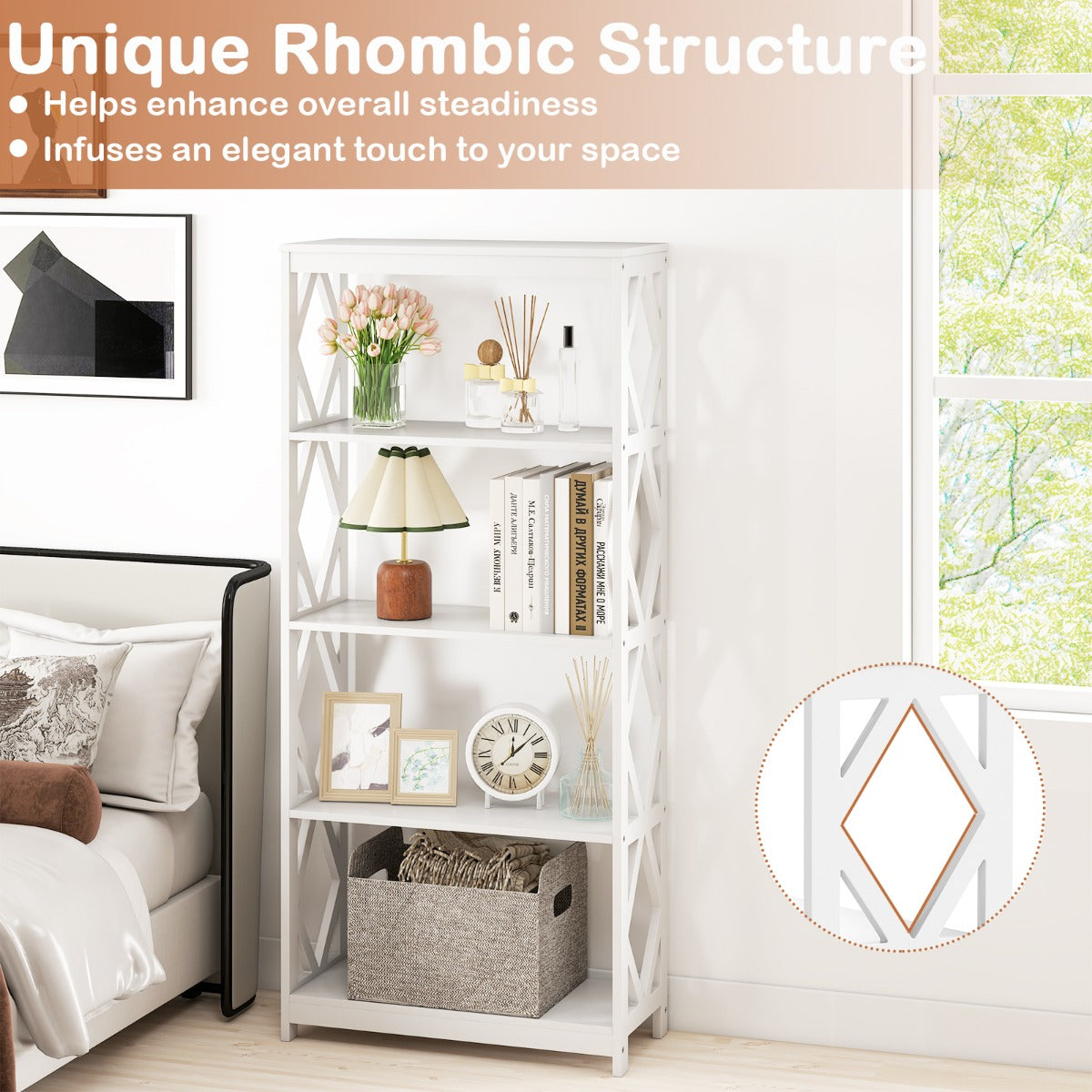 Livsk costway hoge boekenkast met 5 planken open houten boekenkast met ruitvormige structuur opbergrek voor tentoonstellingen 5
