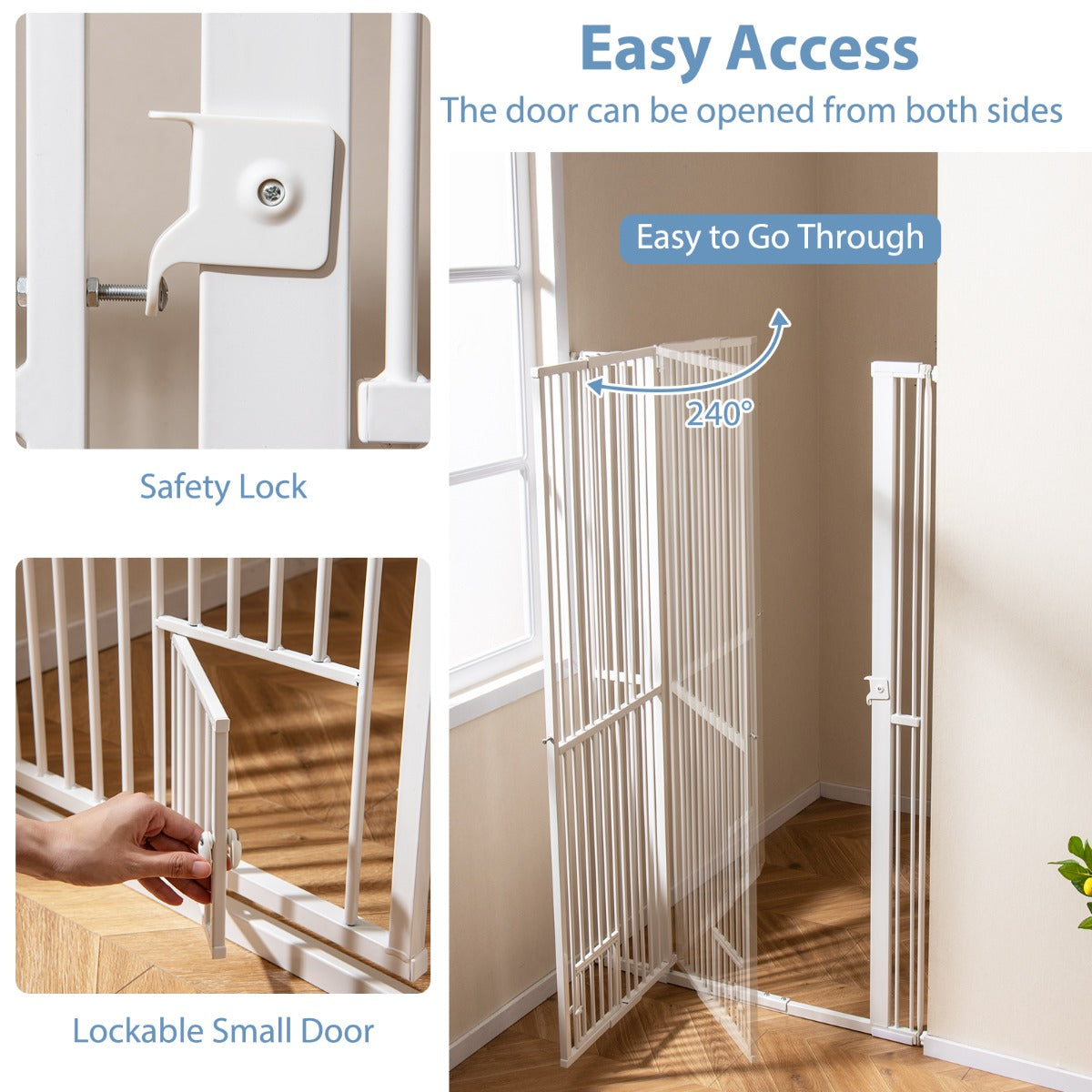 Livsk costway hoge dierenbarriere metalen veiligheidshekje met 2 uitbreidingssets zonder boren 77 104 cm x 171 cm wit