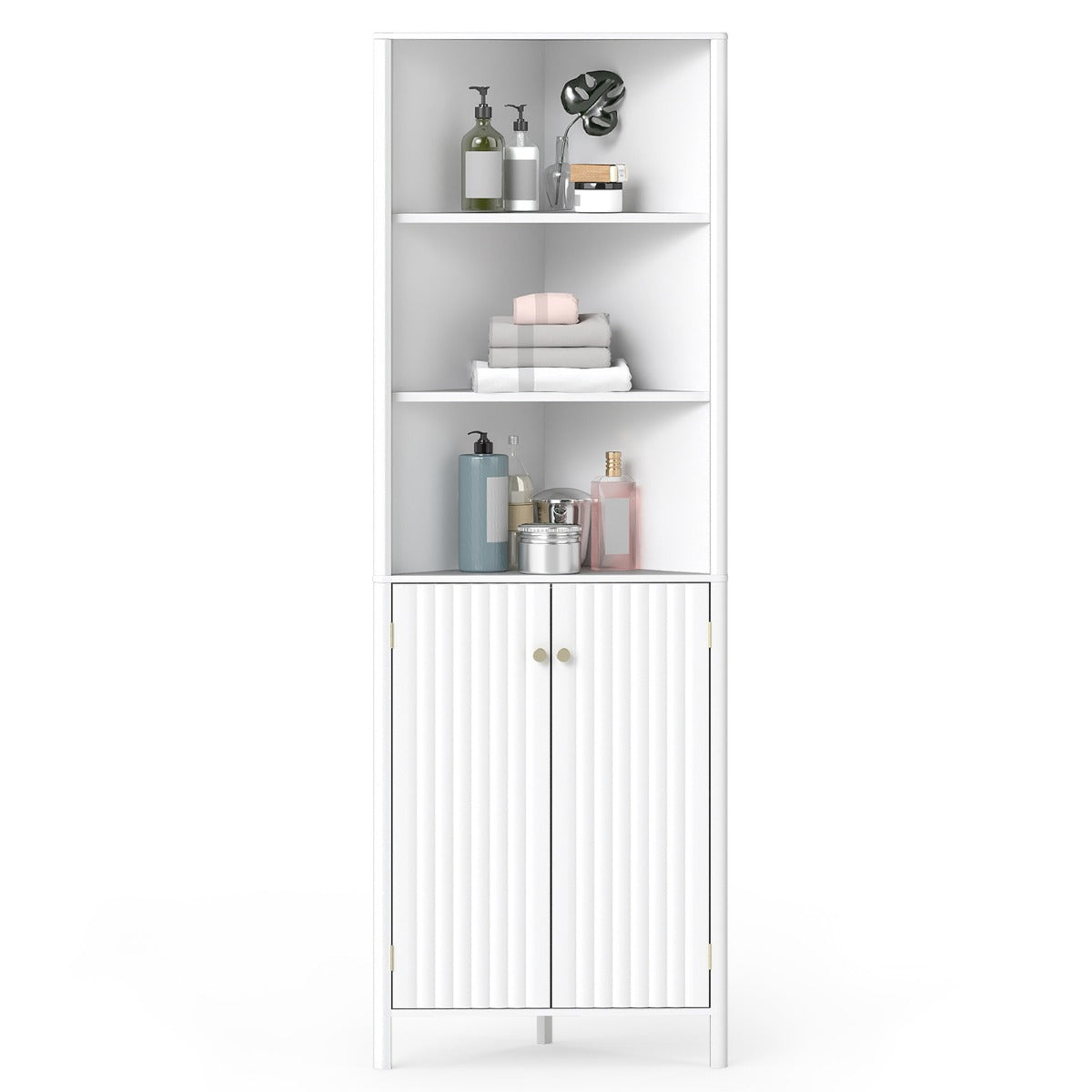 Livsk costway hoge hoekkast met drie open planken en twee deuren wit