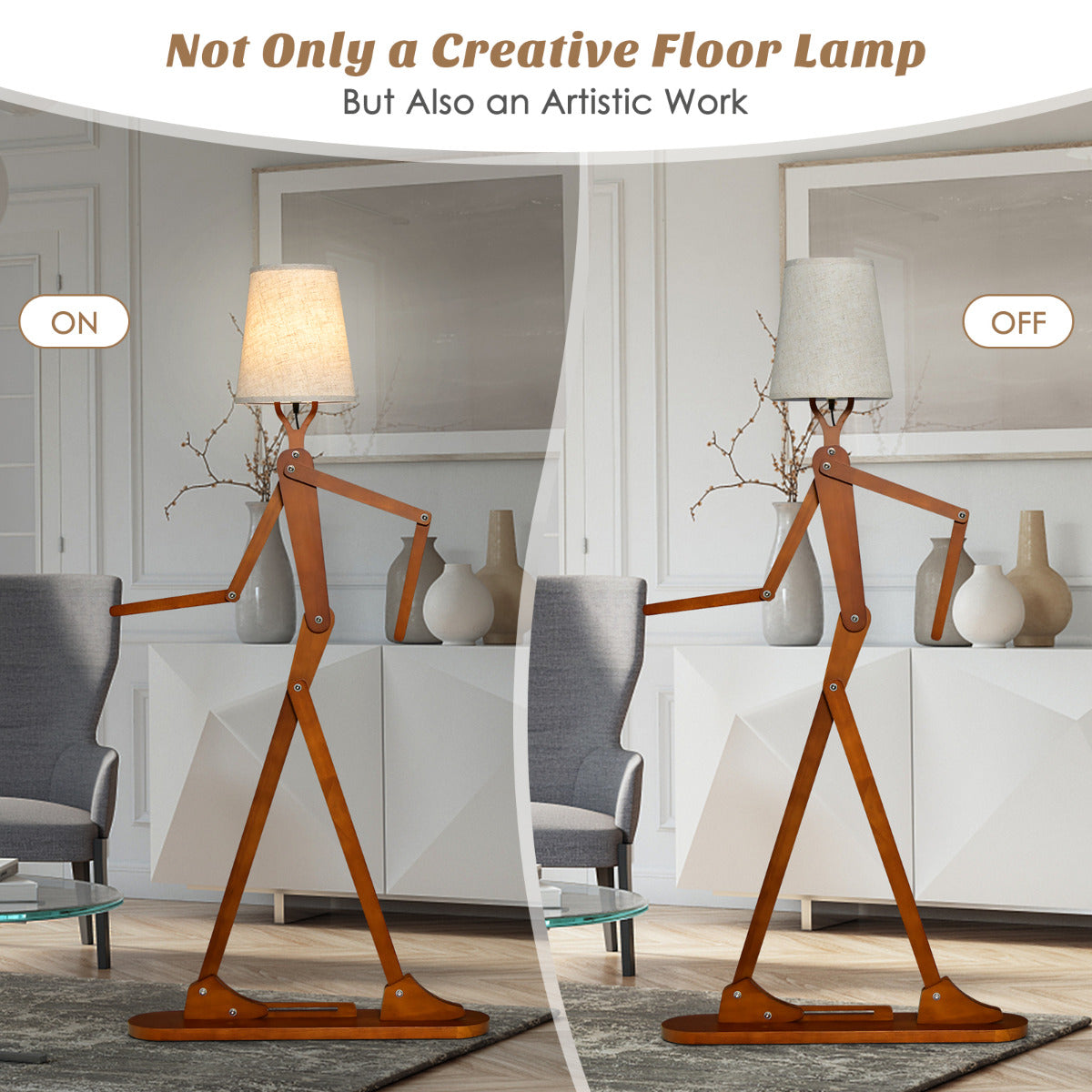 LIVSK Humanoïde Vloerlamp - Verstelbare Scharnieren - Natuurlijk Rubberhout - Voetschakelaar - Uniek Design - Natuurlijk
