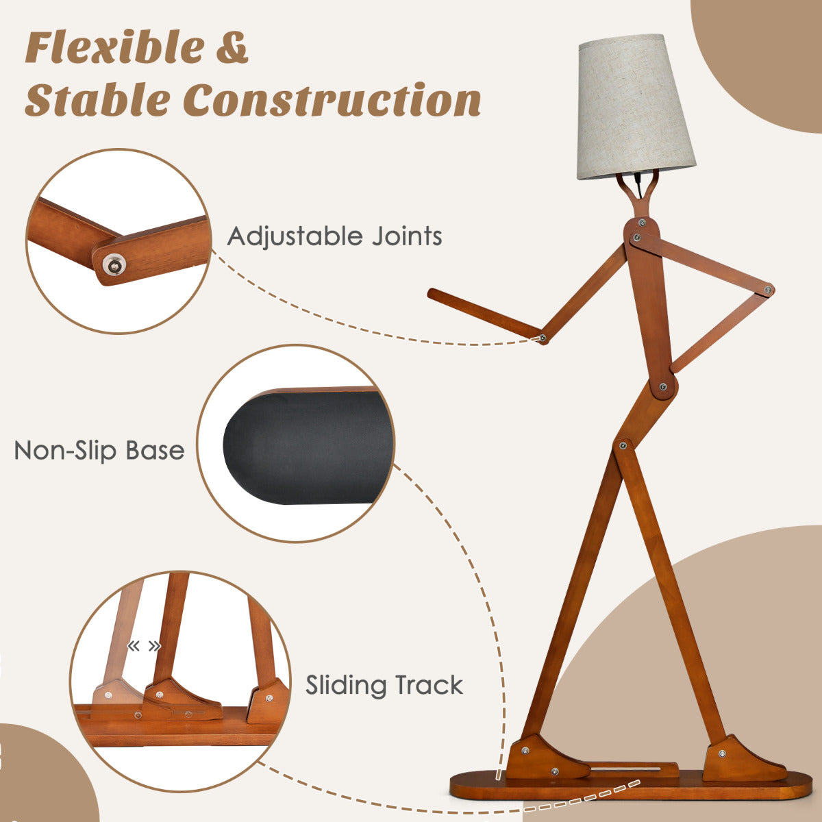 LIVSK Humanoïde Vloerlamp - Verstelbare Scharnieren - Natuurlijk Rubberhout - Voetschakelaar - Uniek Design - Natuurlijk