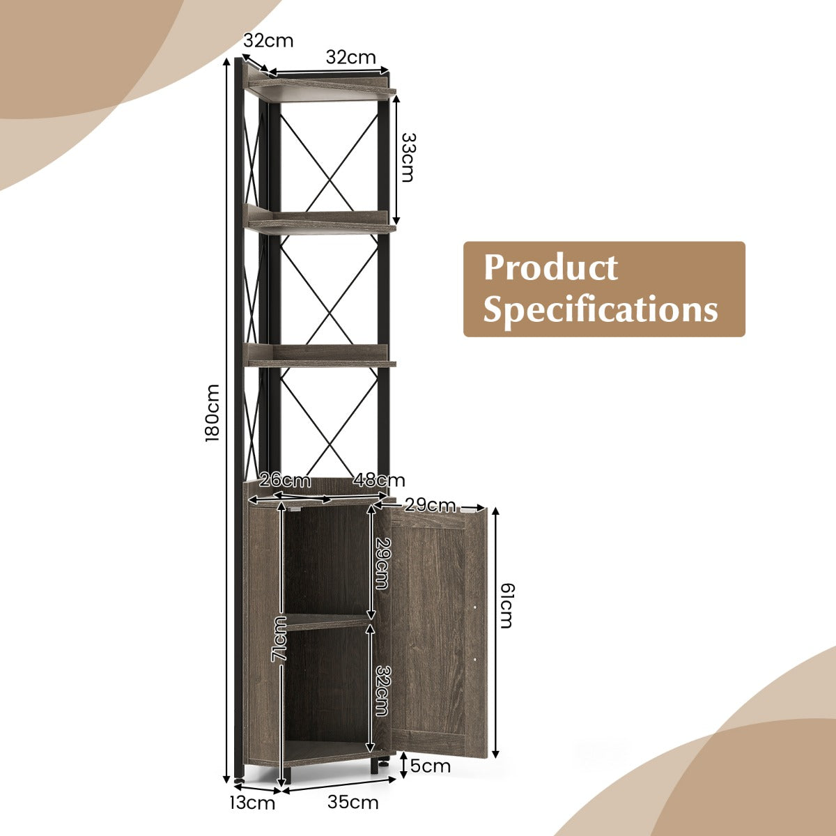 LIVSK Hoekkast met 4 Open Planken en Verstelbare Planken - Ruimtebesparend Ontwerp - Stabiel Metalen Frame - 48 x 32 x 180 cm -