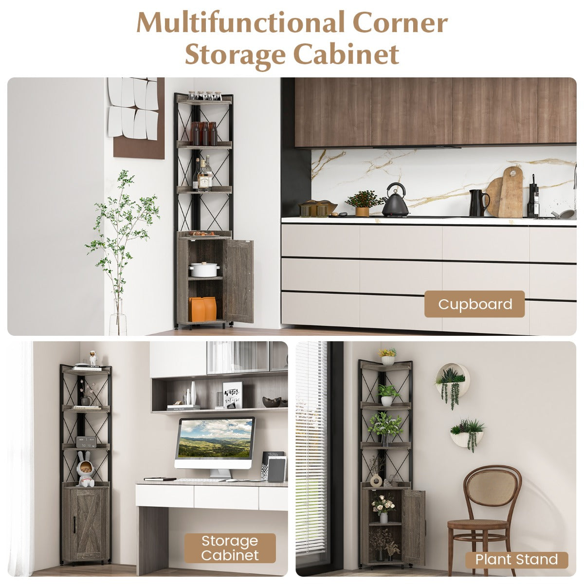 LIVSK Hoekkast met 4 Open Planken en Verstelbare Planken - Ruimtebesparend Ontwerp - Stabiel Metalen Frame - 48 x 32 x 180 cm -