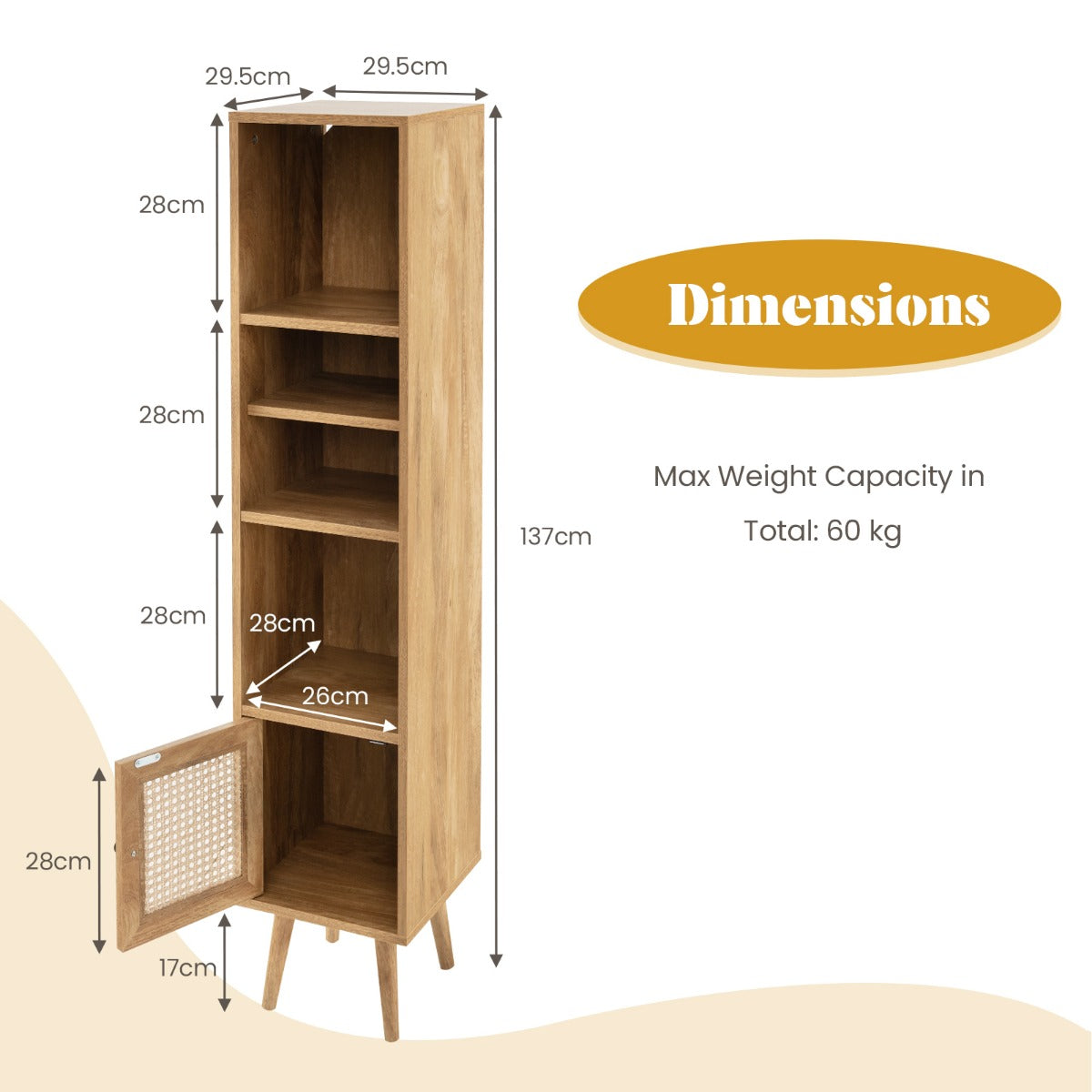 LIVSK Hoekkast met Rotan Deur - Verstelbare Planken - Boho Design - 137 cm - Stabiel en Veilig - Natuur