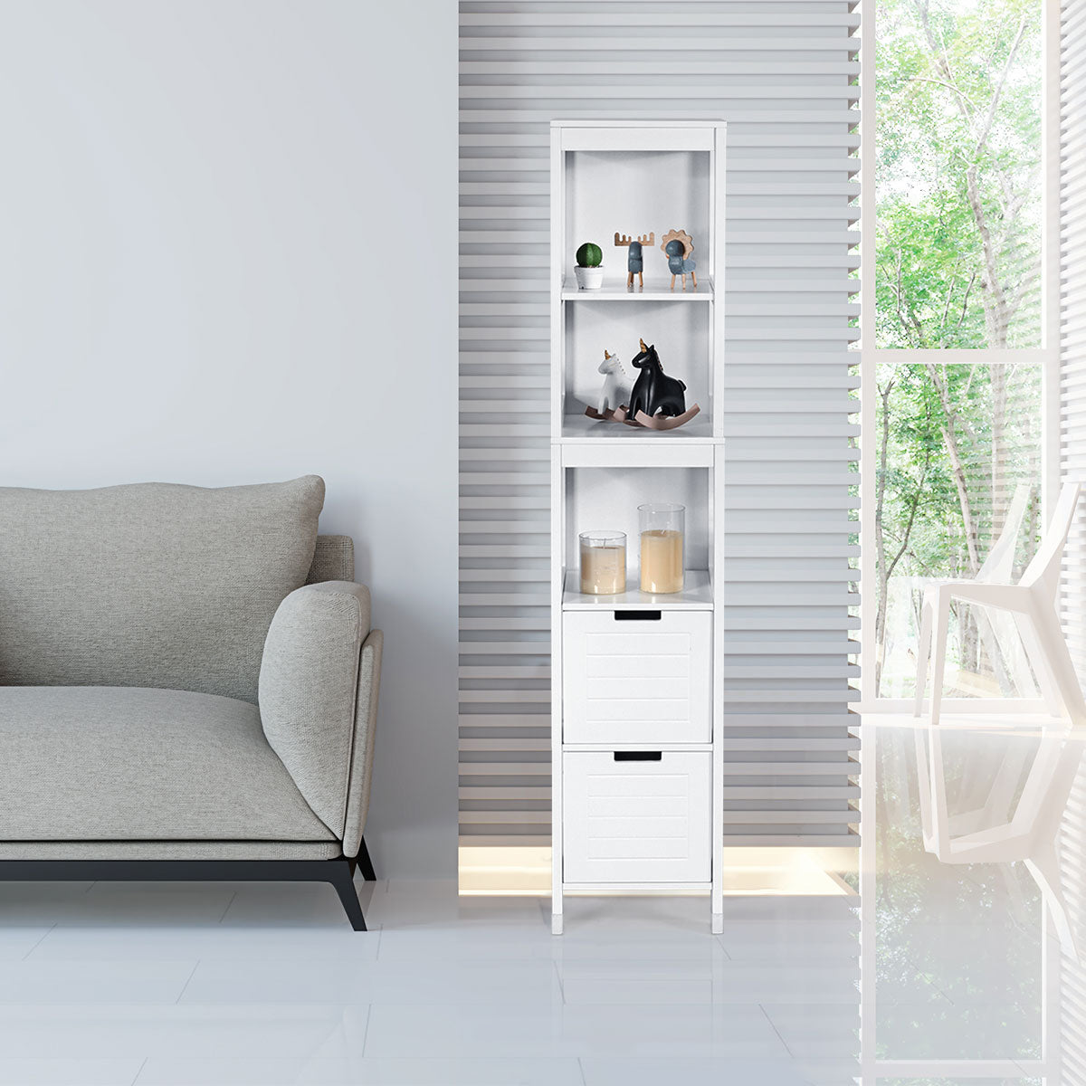 LIVSK Badkamerkast met 3 Planken en 2 Lades - Compact en Stijlvol - Eenvoudige Montage - Hoogwaardig MDF - 30,5 x 30,5 x 145 cm -