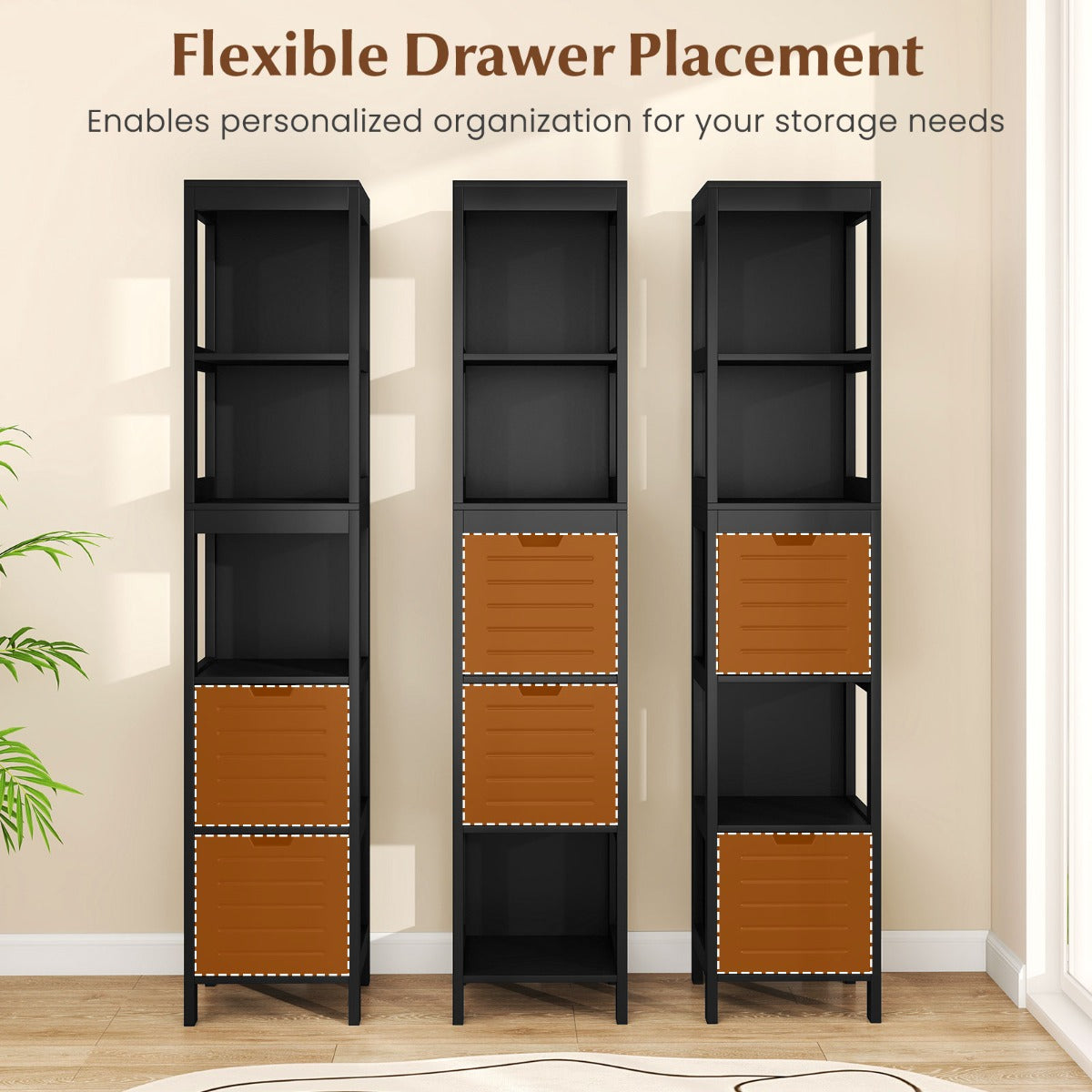 Livsk costway hoge opbergkast met 2 laden vrijstaande vloer opslag toren met 3 planken smalle kast voor slaapkamer woonkamer badkamer 305 x 305 x 145cm zwart