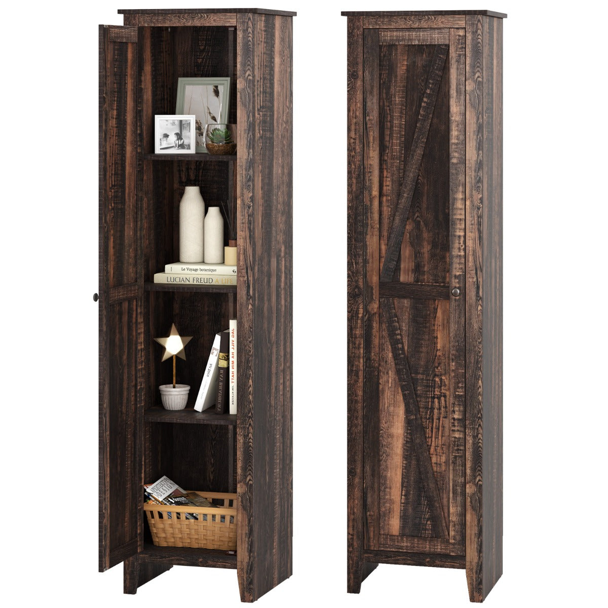 Livsk costway hoge opbergkast vrijstaand meubel vloerstaande opbergkast met vier planken en een deur bruin