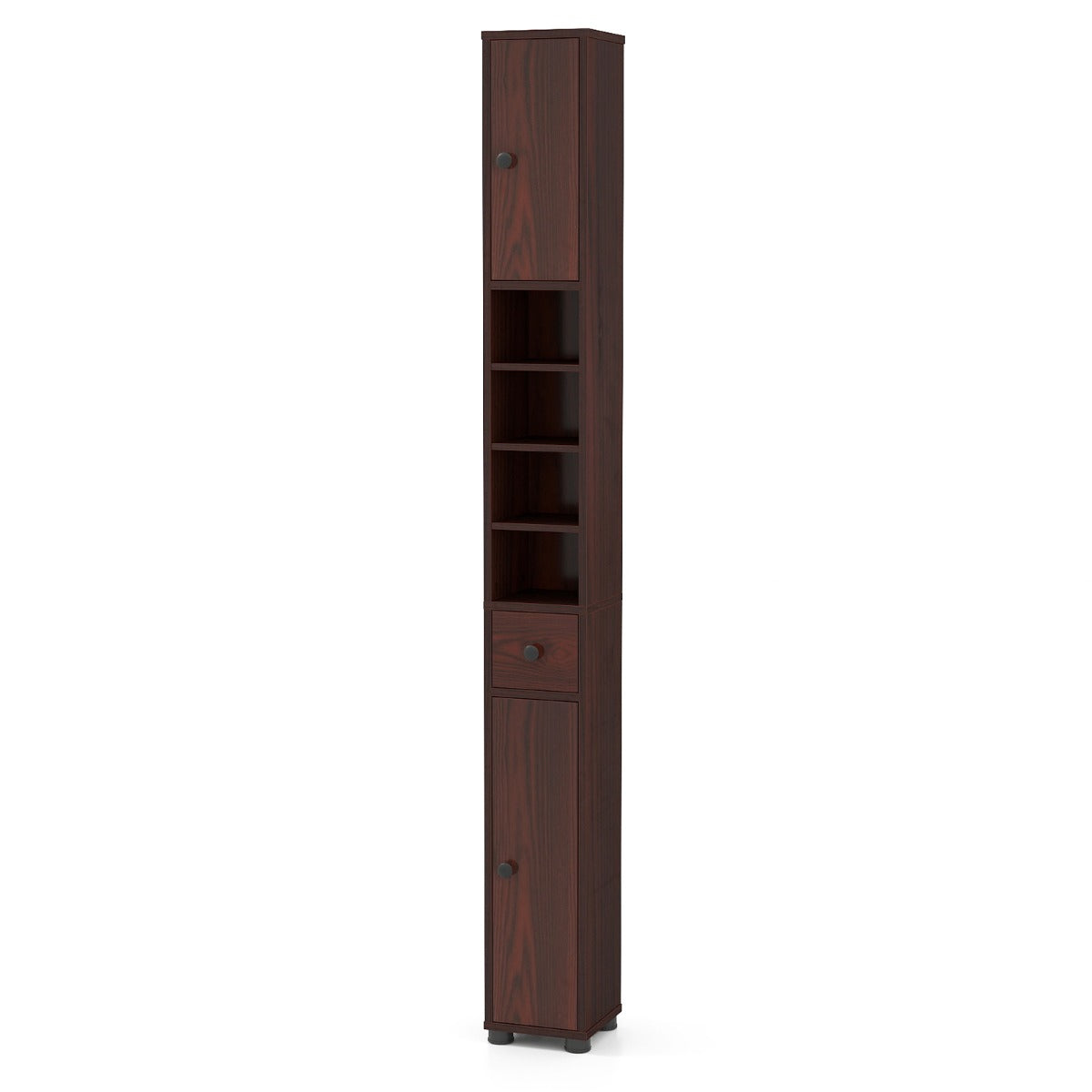 Livsk costway hoge slanke badkamerkast met een lade en verstelbare legplanken bruin 1 1