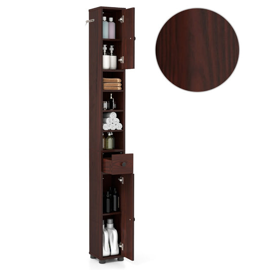 Livsk costway hoge slanke badkamerkast met een lade en verstelbare legplanken bruin