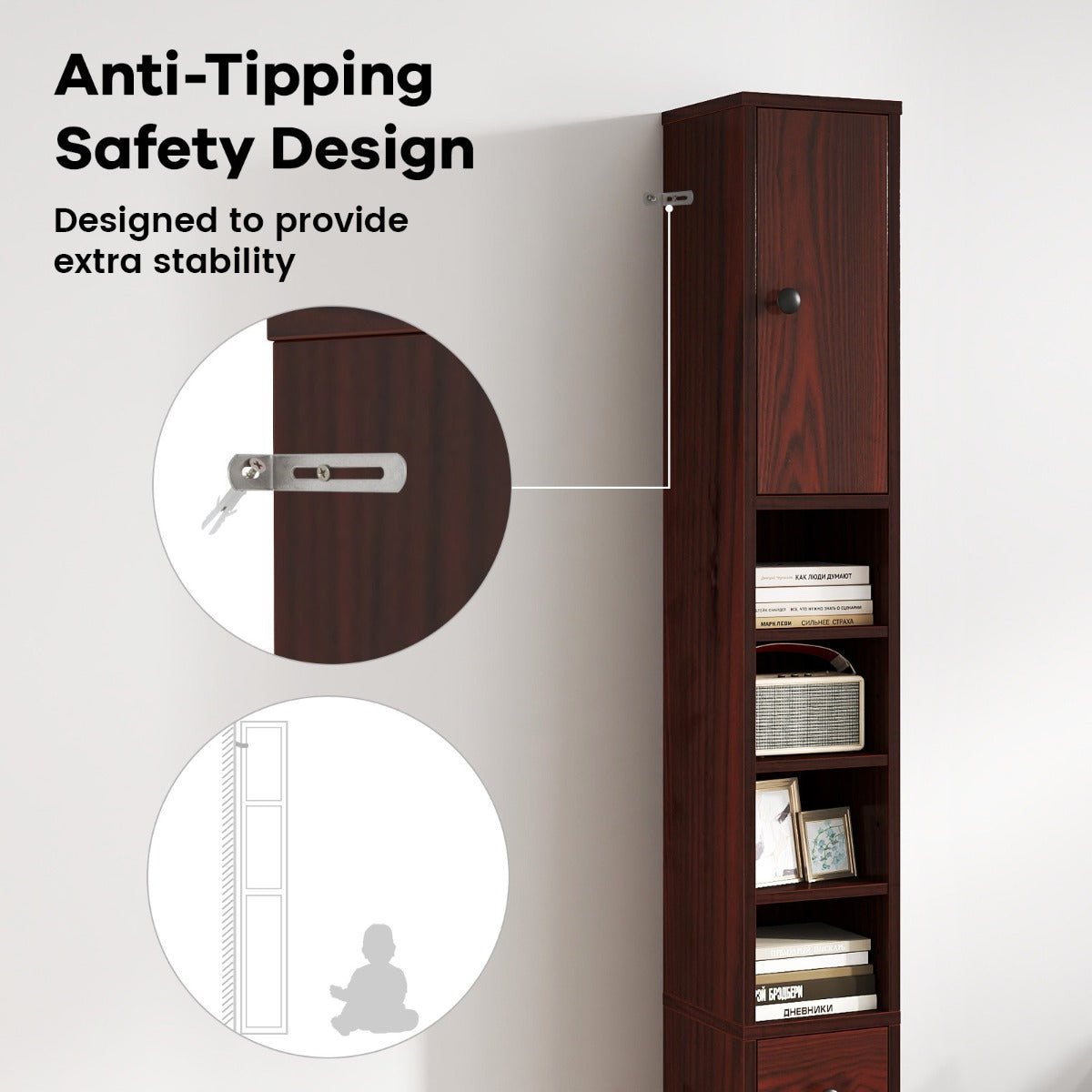 Livsk costway hoge slanke badkamerkast met een lade en verstelbare legplanken bruin 4