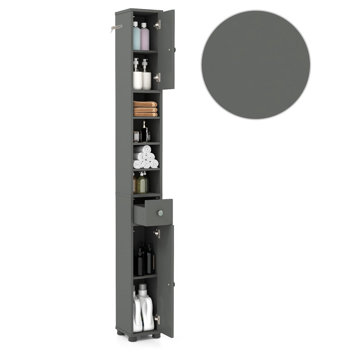 Livsk costway hoge slanke badkamerkast met een lade en verstelbare legplanken grijs