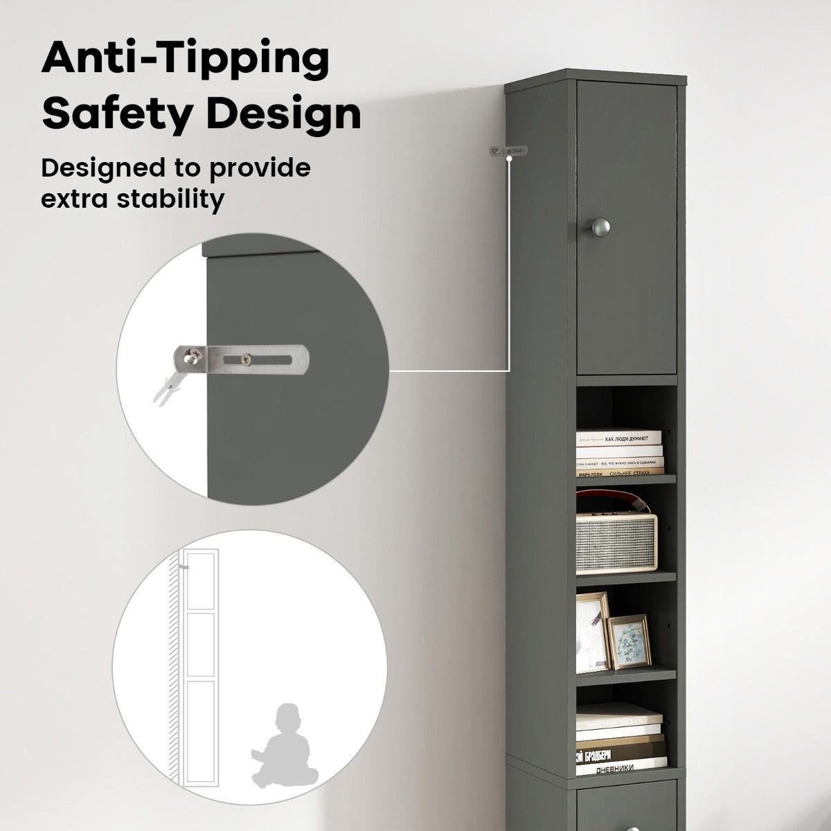 Livsk costway hoge slanke badkamerkast met een lade en verstelbare legplanken grijs 3
