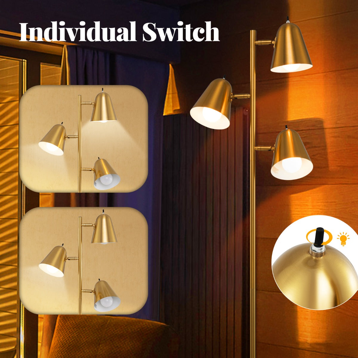 LIVSK Staande Lamp met 3 Verstelbare Lampenkoppen - Individuele Schakelaars - Stabiele Voet - Inclusief 3 LED-lampen - Goud