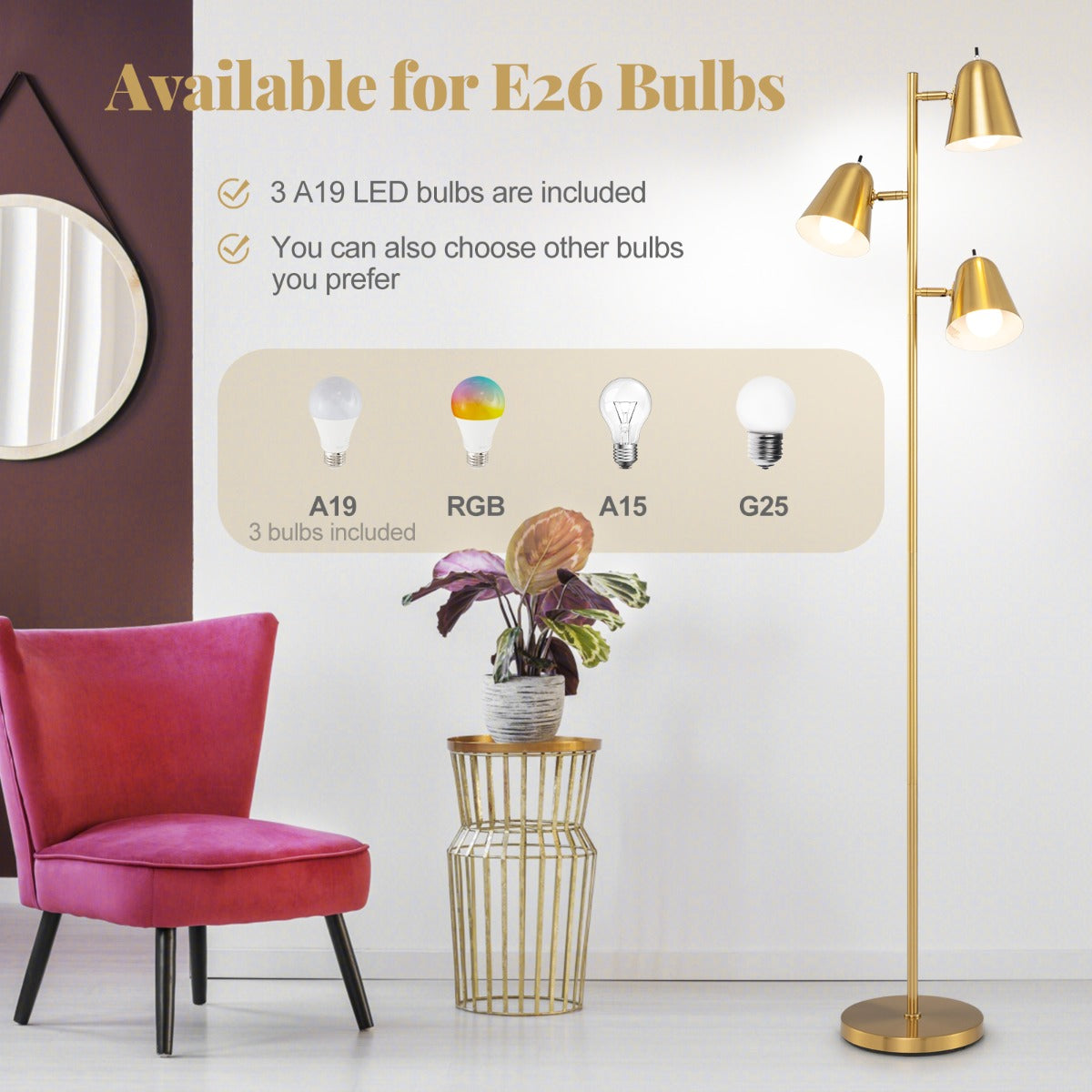 LIVSK Staande Lamp met 3 Verstelbare Lampenkoppen - Individuele Schakelaars - Stabiele Voet - Inclusief 3 LED-lampen - Goud