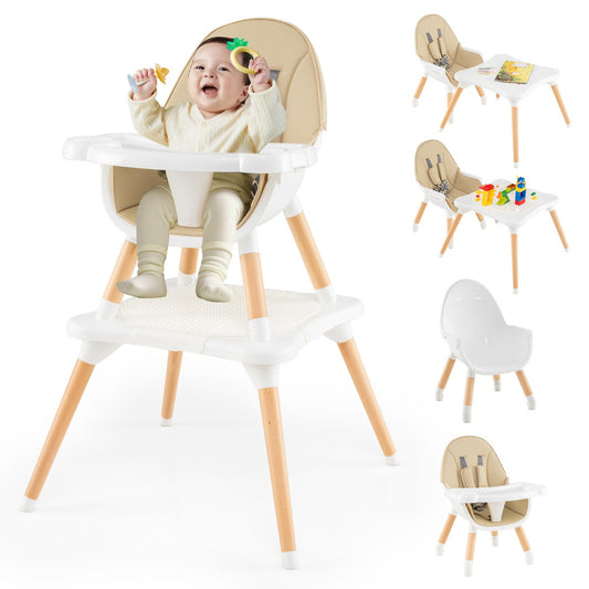 LIVSK 6-in-1 Kinderstoel - Multifunctioneel met Verstelbare Dienbladen - Veiligheidsgordel - Voor Peuters 6-36 maanden - Beige