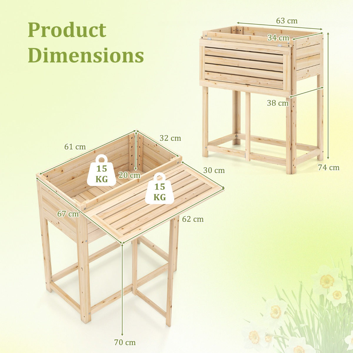 LIVSK Verhoogd Tuinbed met Opklapbaar Tafelblad - Houten Constructie met Drainage - Ergonomisch en Duurzaam - 63 x 34 x 74 cm -