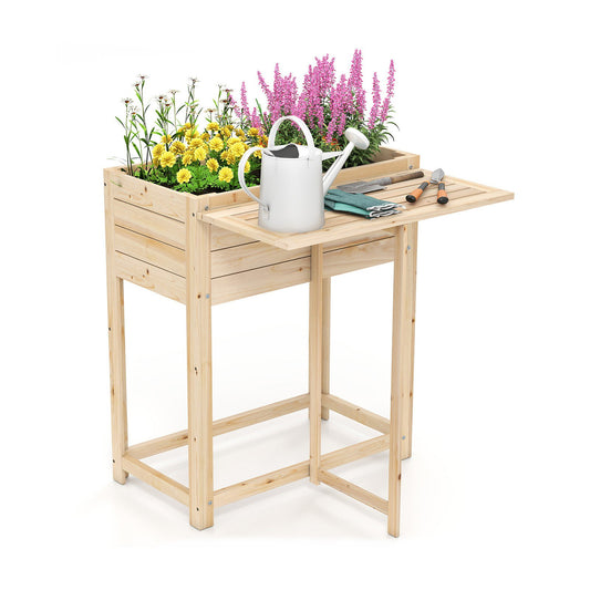 LIVSK Verhoogd Tuinbed met Opklapbaar Tafelblad - Houten Constructie met Drainage - Ergonomisch en Duurzaam - 63 x 34 x 74 cm -