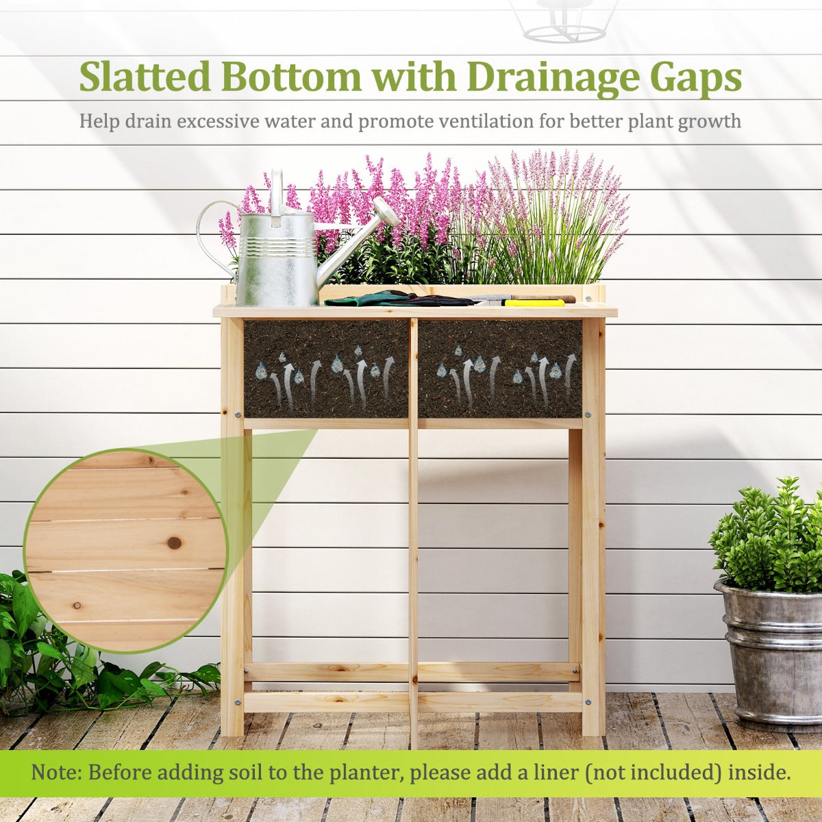 LIVSK Verhoogd Tuinbed met Opklapbaar Tafelblad - Houten Constructie met Drainage - Ergonomisch en Duurzaam - 63 x 34 x 74 cm -