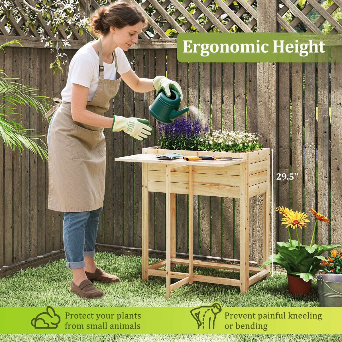 LIVSK Verhoogd Tuinbed met Opklapbaar Tafelblad - Houten Constructie met Drainage - Ergonomisch en Duurzaam - 63 x 34 x 74 cm -