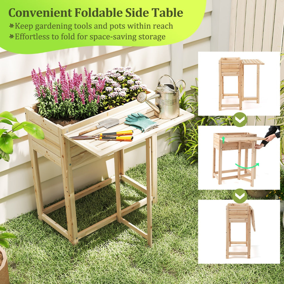 LIVSK Verhoogd Tuinbed met Opklapbaar Tafelblad - Houten Constructie met Drainage - Ergonomisch en Duurzaam - 63 x 34 x 74 cm -