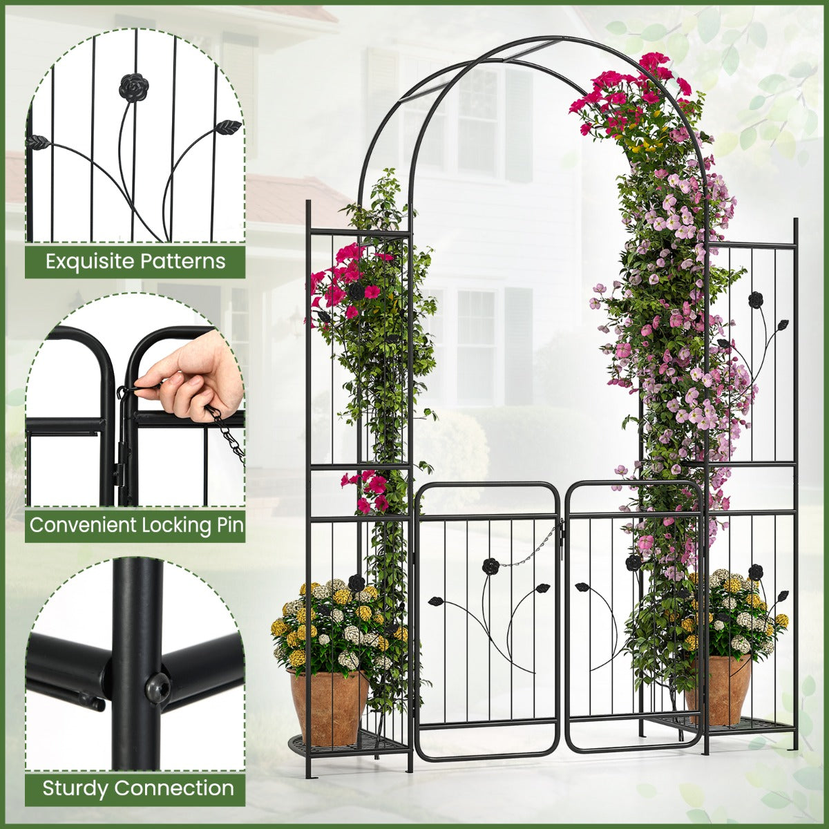 Livsk costway hoge tuinboog met poort plantenrekken klimrek metalen boog voor klimplanten trouwboog voor ceremonies