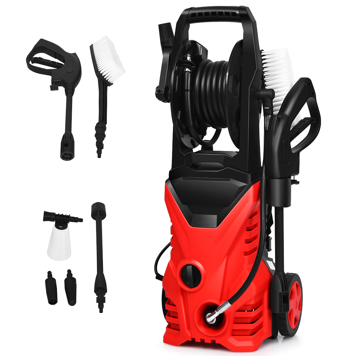 LIVSK Hogedrukreiniger 1500W - 2030 PSI - Waterdicht met TSS - Draagbaar met Wielen - Inclusief Sproeiers - Rood