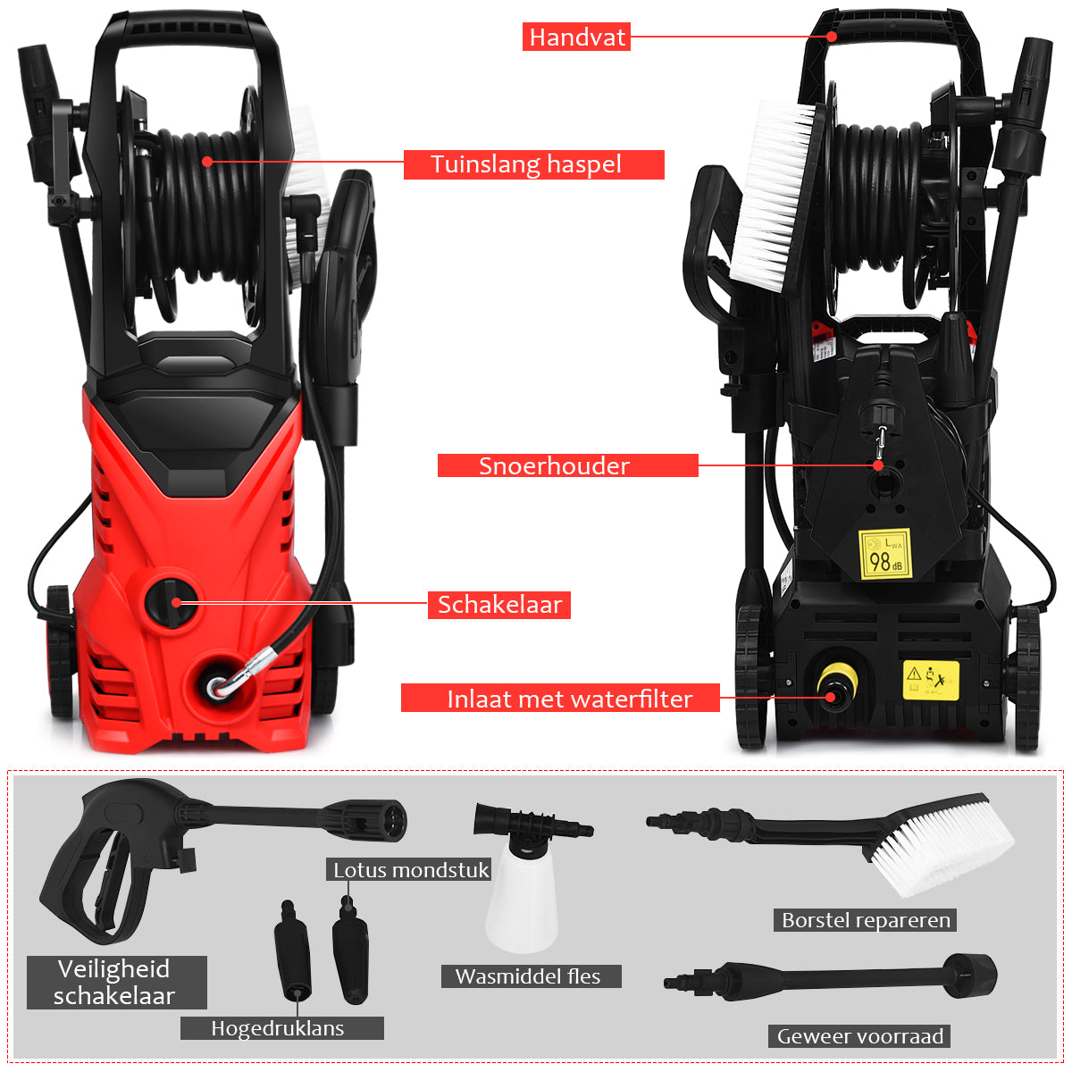 LIVSK Hogedrukreiniger 1500W - 2030 PSI - Waterdicht met TSS - Draagbaar met Wielen - Inclusief Sproeiers - Rood