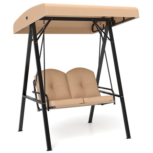 LIVSK Hollywoodschommel met Verstelbaar Zonnescherm - A-vormig Frame - 2 Kussens - Tot 300 kg - 121 x 145 x 176 cm - Beige