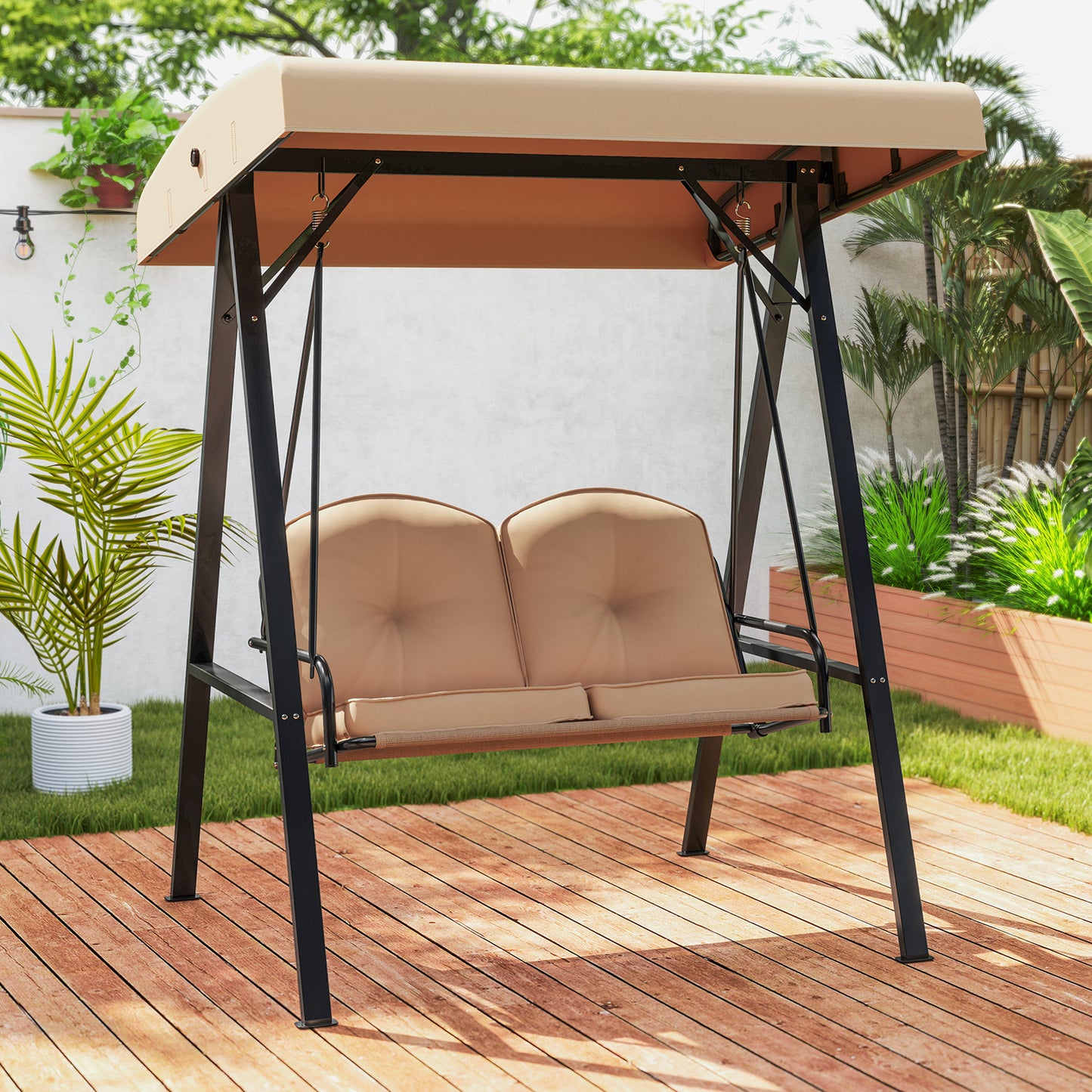 LIVSK Hollywoodschommel met Verstelbaar Zonnescherm - A-vormig Frame - 2 Kussens - Tot 300 kg - 121 x 145 x 176 cm - Beige