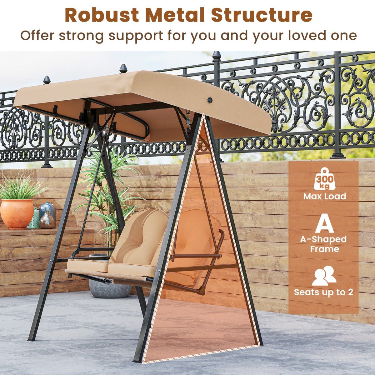 LIVSK Hollywoodschommel met Verstelbaar Zonnescherm - A-vormig Frame - 2 Kussens - Tot 300 kg - 121 x 145 x 176 cm - Beige