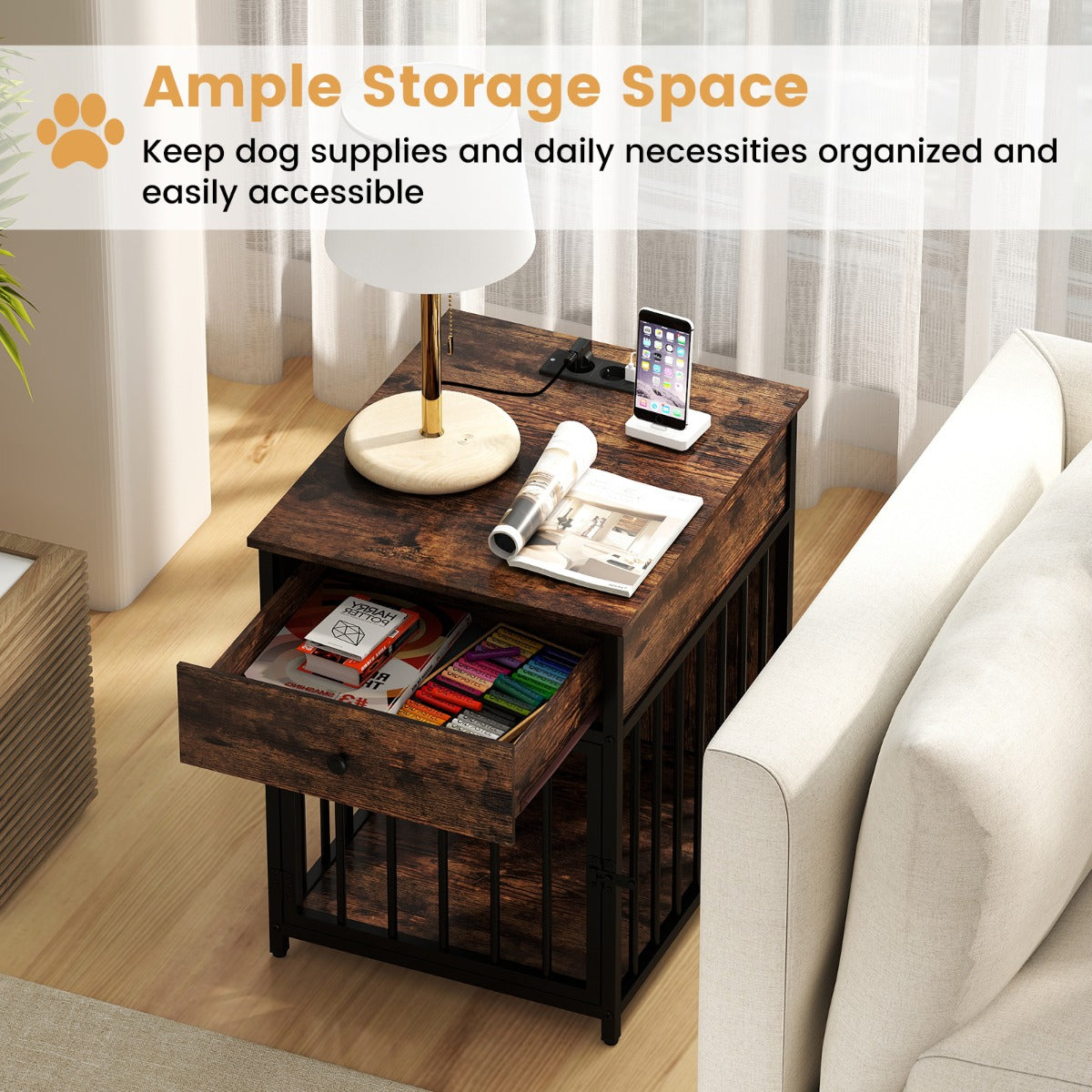 LIVSK Hondenbox met Oplaadstation - Multifunctioneel als Bijzettafeltje of Nachtkastje - Bijtbestendig - 50 x 60 x 64 cm - Zwart