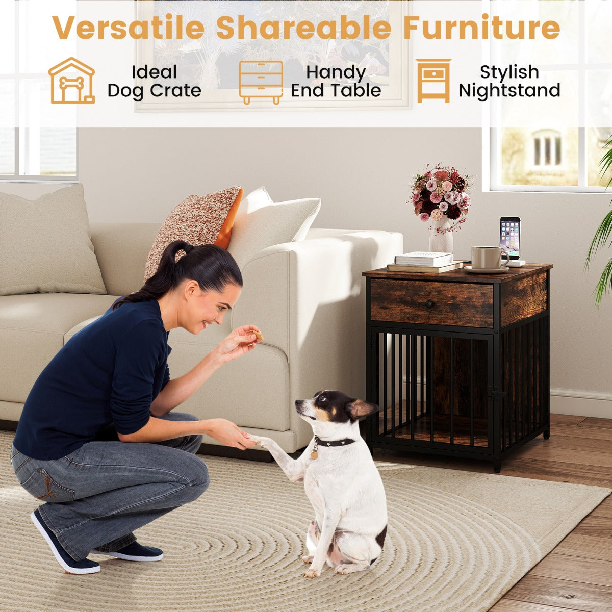 LIVSK Hondenbox met Oplaadstation - Multifunctioneel als Bijzettafeltje of Nachtkastje - Bijtbestendig - 50 x 60 x 64 cm - Zwart