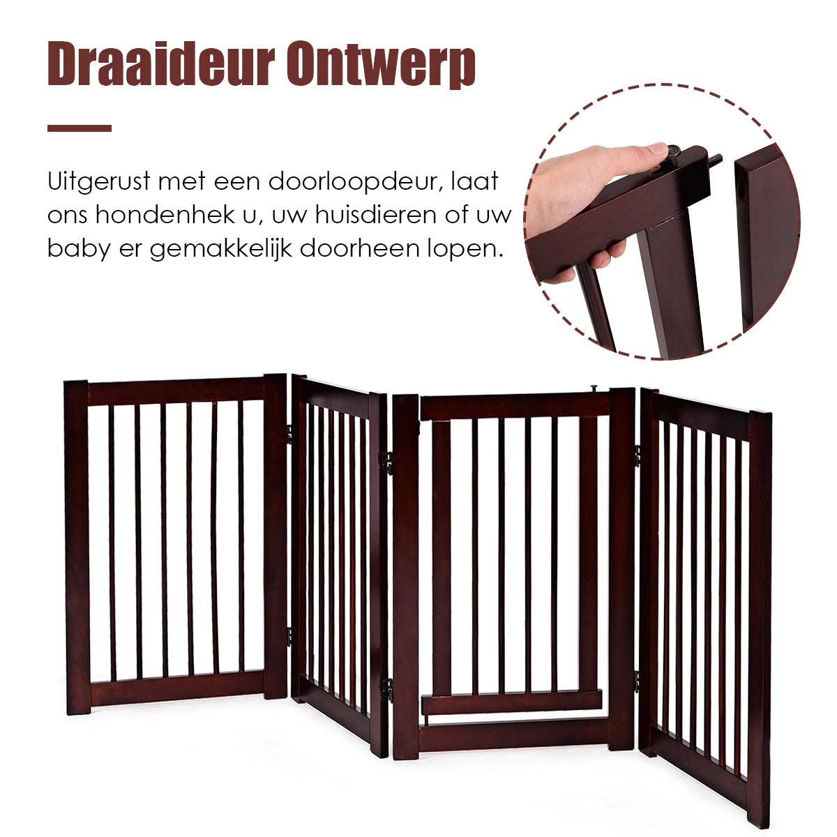 Livsk costway hondenhek configureerbaar opvouwbaar veiligheidshekje houten honden hek met poort 207 x 765 x 85cm 5